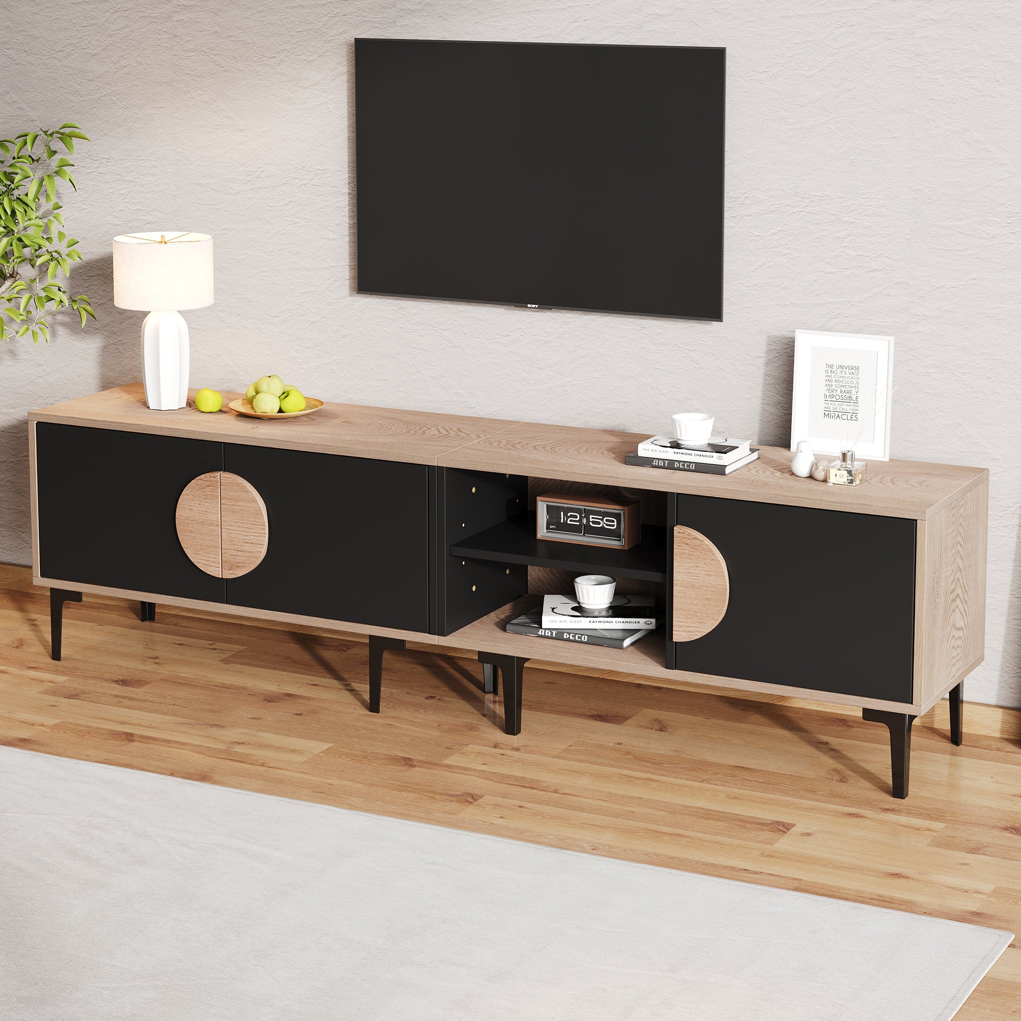 Lowboard TV Cabinet, TV Stand For The Living Room, TV Cabinet With 2 Cabinets, TV Board With Open Shelves, Wood Color  Black, Suitable For 80-inch TVs