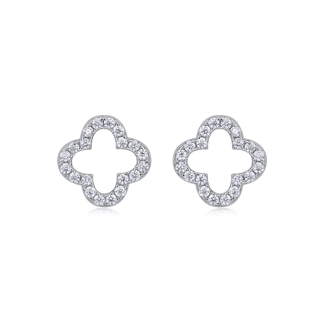 S925 Sterling Silver Open Clover Stud Earrings, D-VVS1 Moissanite Pave Outline, Platinum Plated 1.6g Women's Jewelry Gift Box
