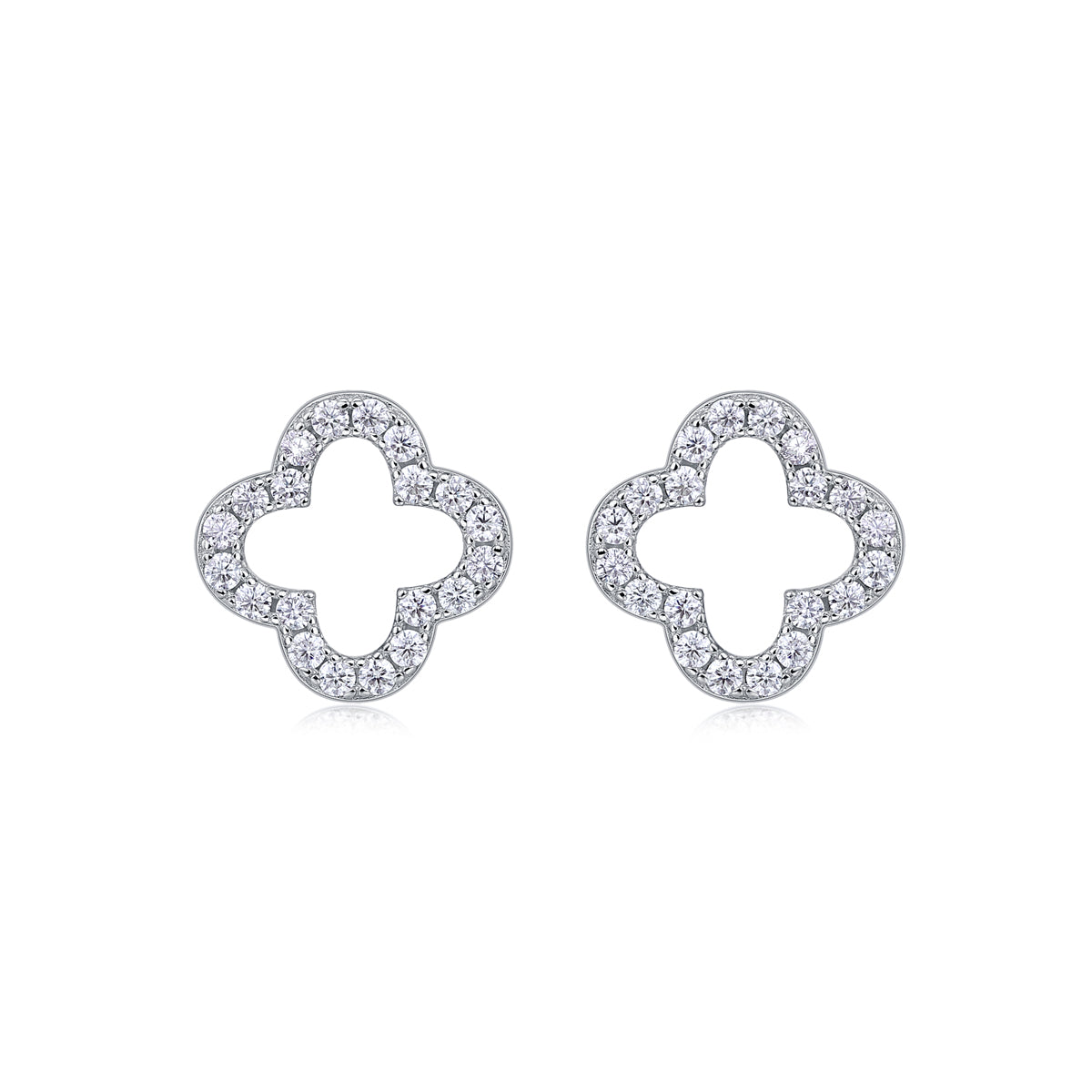 S925 Sterling Silver Open Clover Stud Earrings, D-VVS1 Moissanite Pave Outline, Platinum Plated 1.6g Women's Jewelry Gift Box