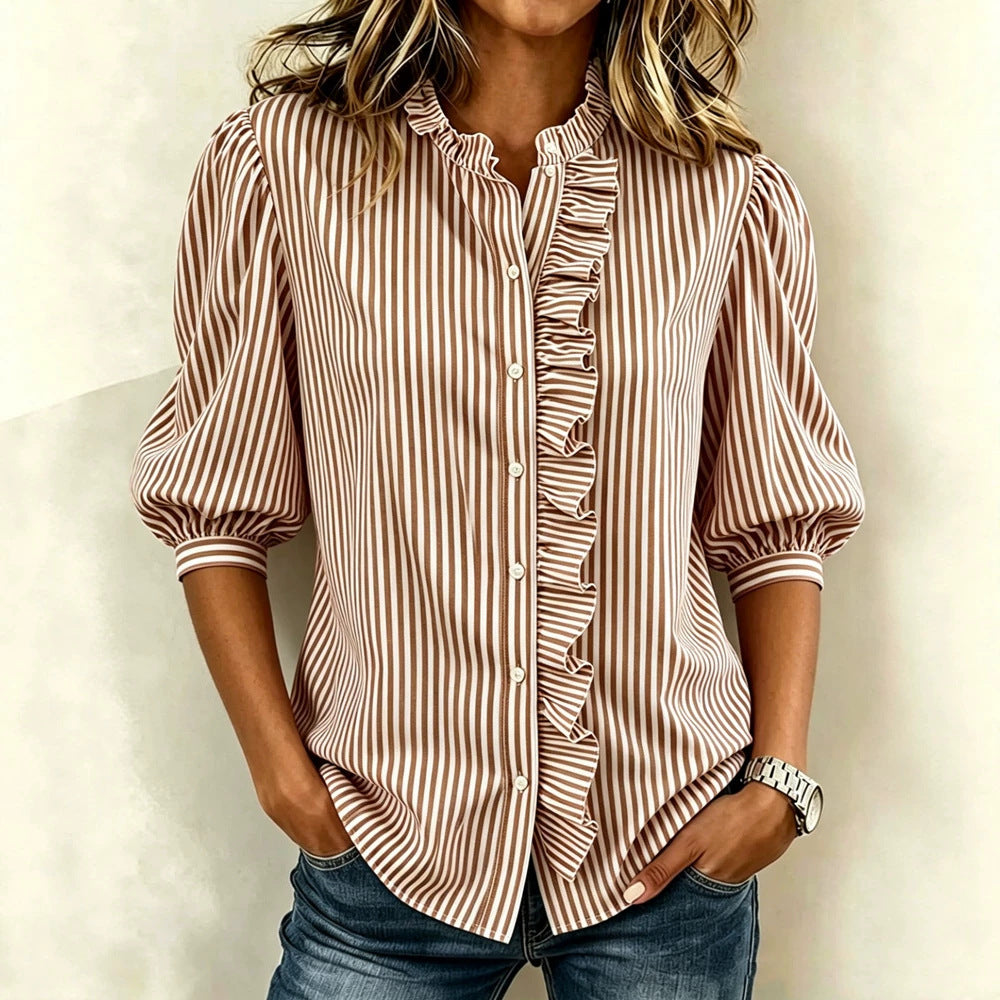 Puff-sleeved Button-up Summer Ruffled-edge Striped Loose-fit Blouse For Women