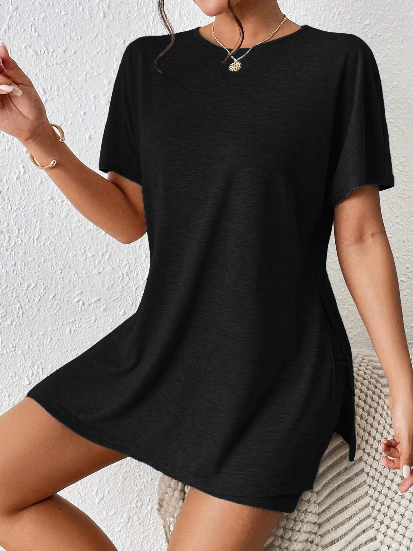 Women's Casual Solid Color Batwing Sleeve Tunic Top & Shorts Two Piece Set - Loose Loungewear Set, Multiple Colors Available