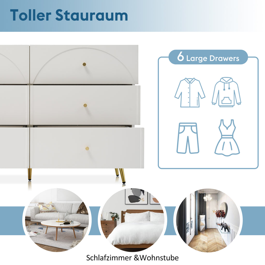 Drawer Chest Of Drawers Chest Of Drawers With 6 Drawers, White Sideboard Highboard For Bedroom & All Living Rooms, Cream-White -H85 W120 D40 Cm