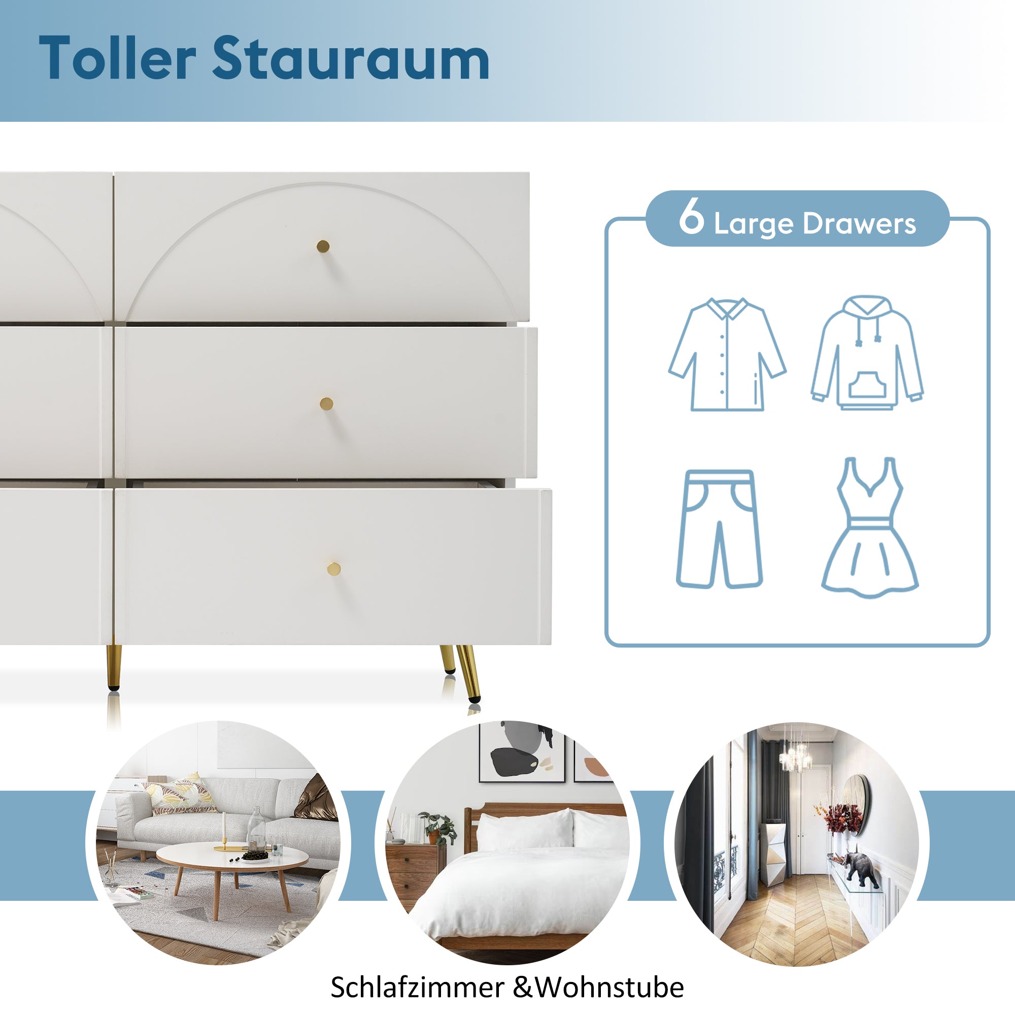 Drawer Chest Of Drawers Chest Of Drawers With 6 Drawers, White Sideboard Highboard For Bedroom & All Living Rooms, Cream-White -H85 W120 D40 Cm
