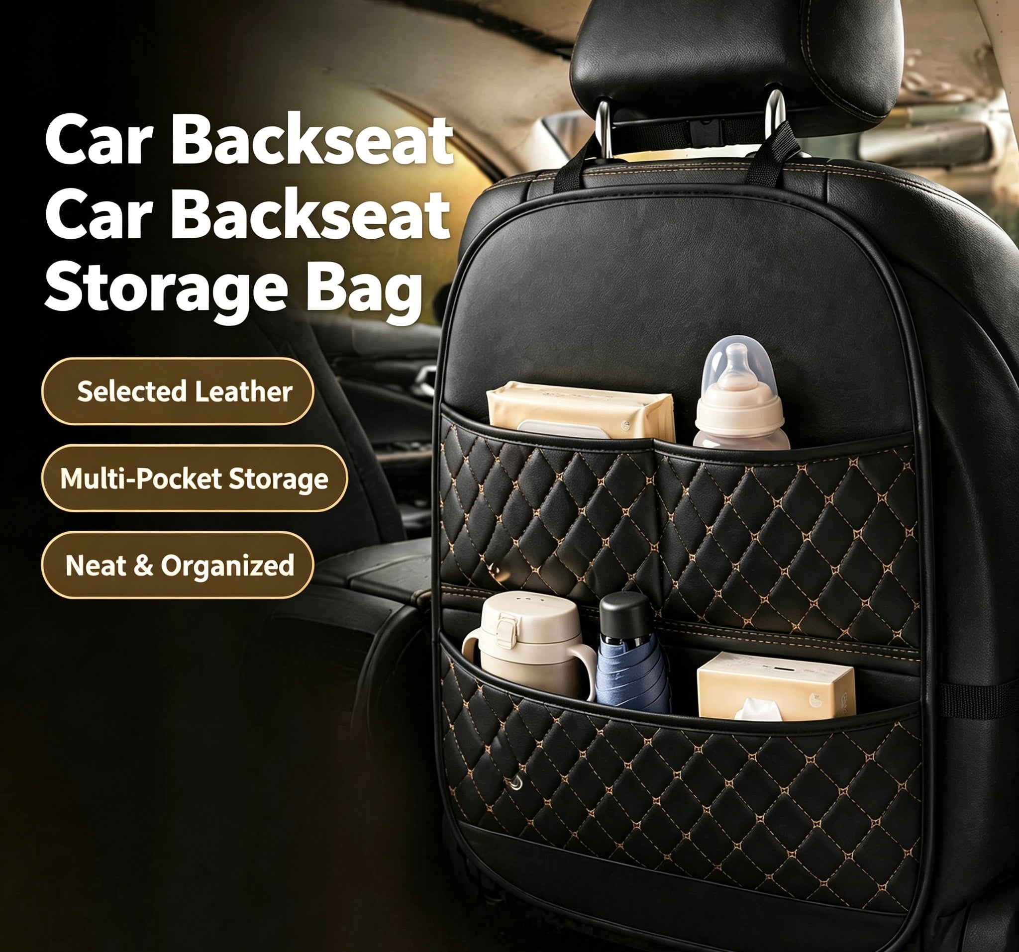 Universal Multi-Functional Car Leather Storage Organizer, Kids Seat Back Kick Mat, Car Rear Seat Hanging Storage Bag, Auto Interior Accessories