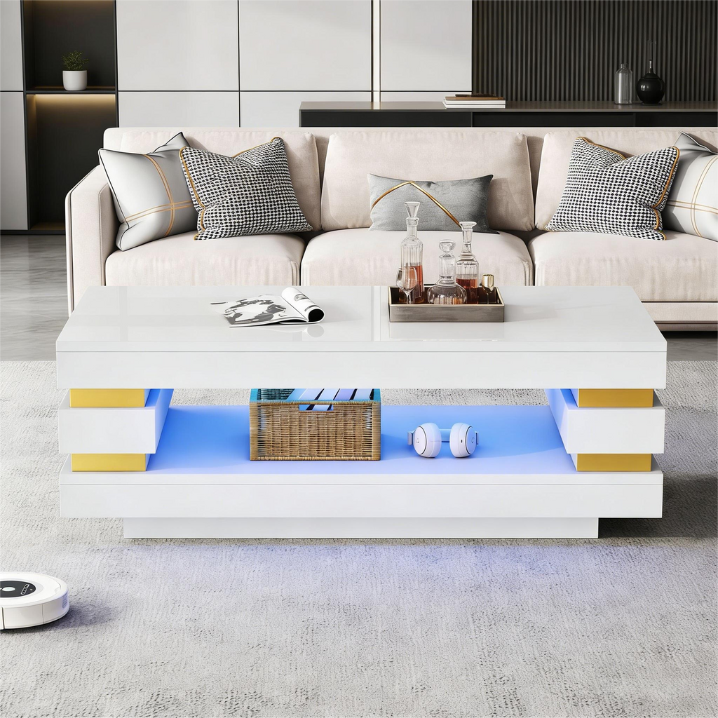 Coffee Table 100X50X35cm With Hollowed-out Center For Storage, Coffee Table, Teetish High Gloss LED Strip Lighting, Ideal For Small Apartments, Made Of Chipboard, White.