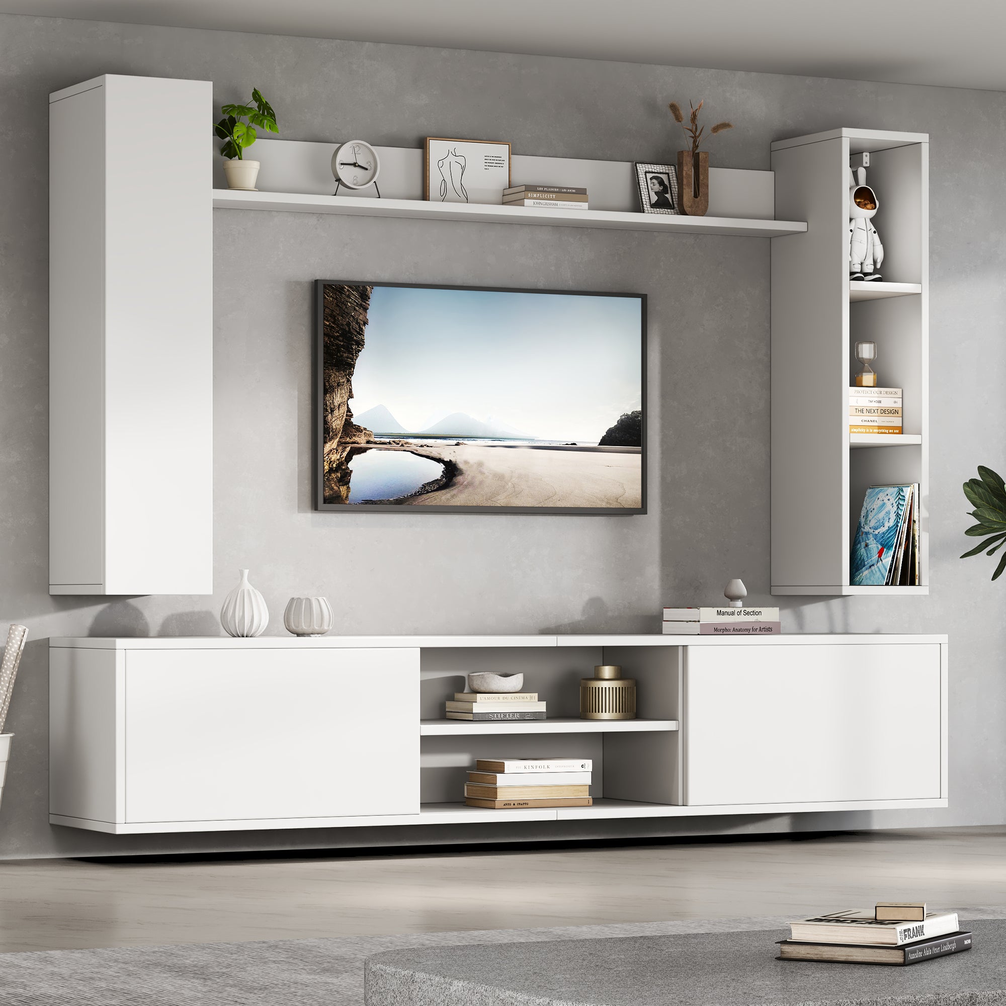 180x35x33.5cm TV Living Wall Set With Showcases Complete Set, 4-Piece,Media Wall Incl.TV Board, Stand Rack And 2 Wall Racks,TV Living Room Furniture Set,TV Wardrobe, Standing&Hanging,TV Up To 80,White