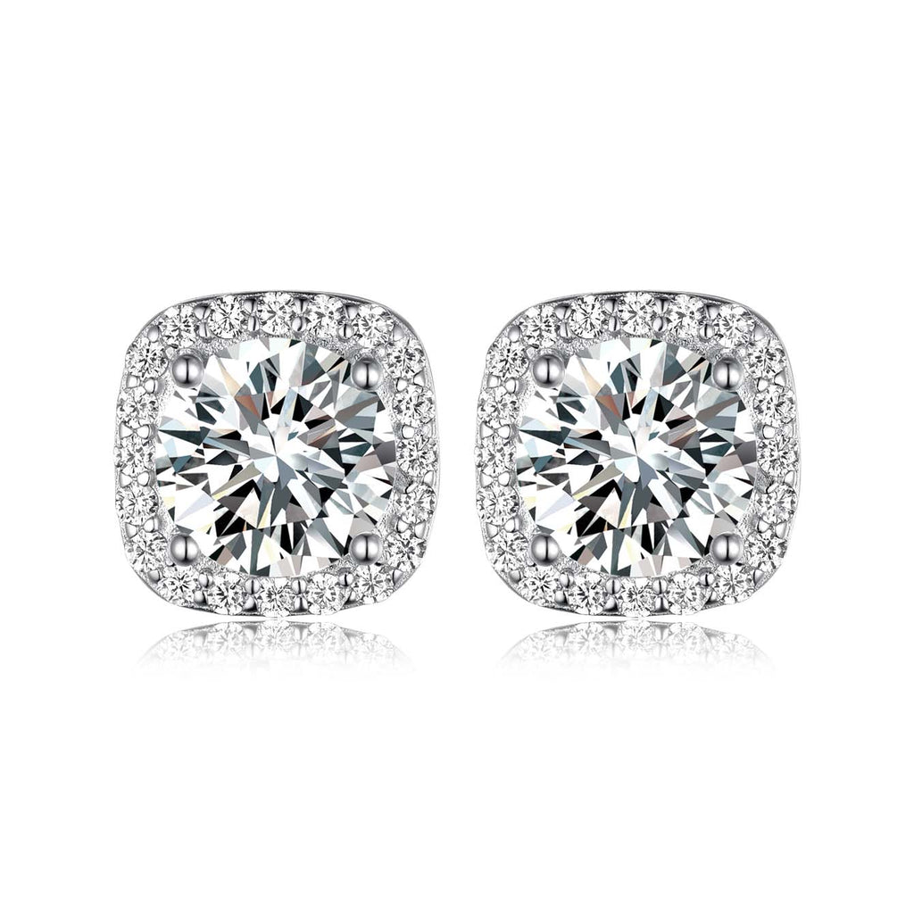 S925 Sterling Silver Cushion Halo Stud Earrings, 7mm D-VVS1 Moissanite, Platinum Plated 2.6g Women's Jewelry Gift Box