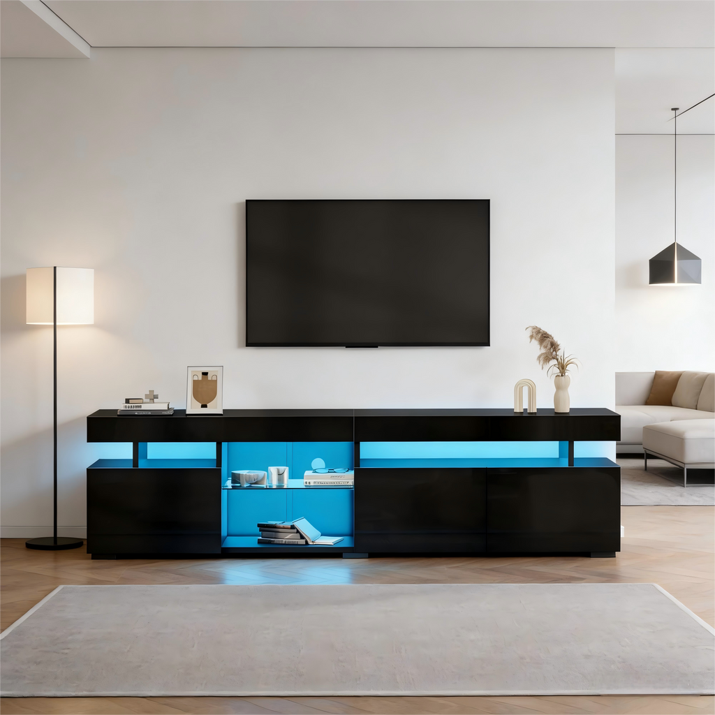 180 X 35 X 45 Cm TV Cabinet, Lowboard, High-gloss TV Cabinet With 3 Doors, Adjustable Shelves Made Of Tempered Glass, Suitable For TVs Up To Approx. 80 Inches, Chipboard, Black