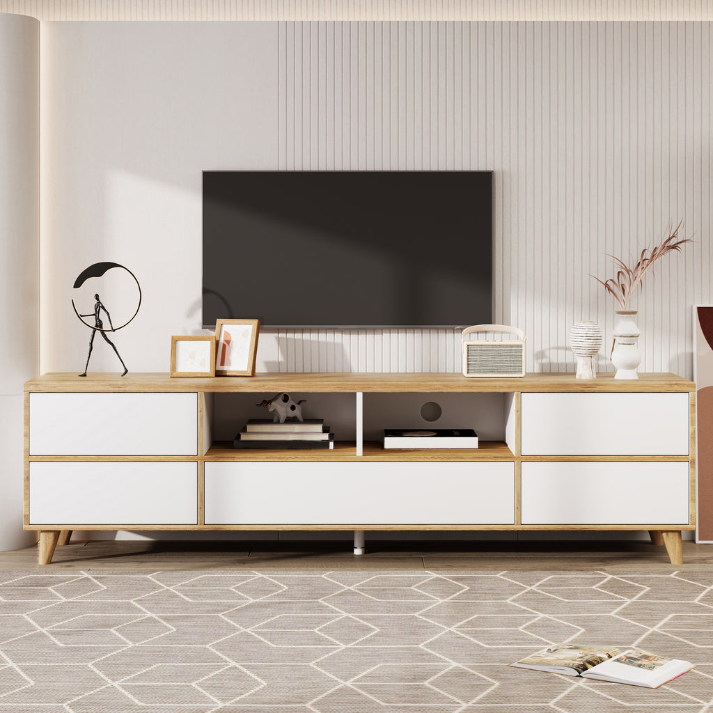 TV Cabinetlowboard, Living Room Furniture In White And Wood Tones. Features Compartments And Doors In A Natural Country-house Style.