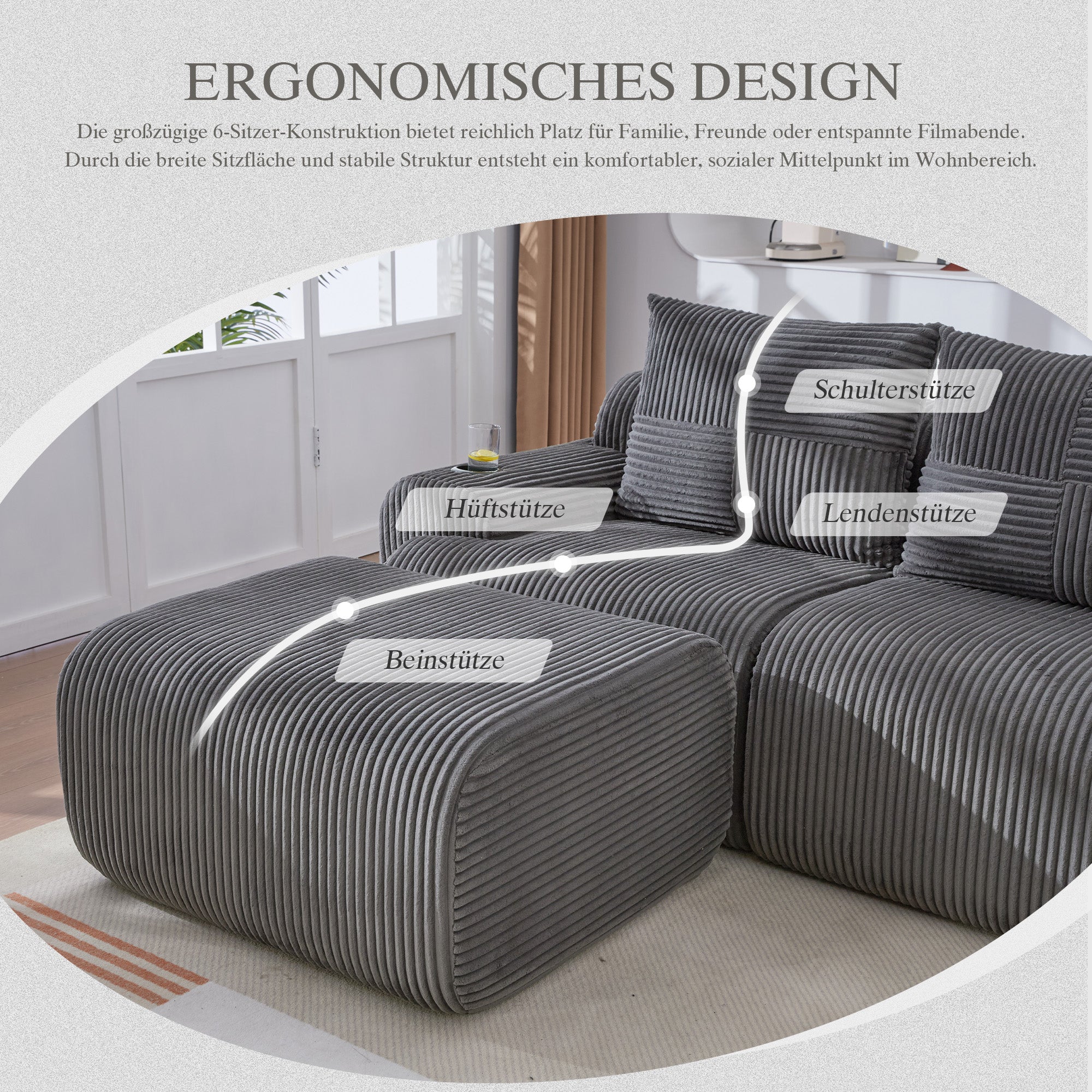 Modular Corduroy Sofa For 3 People  With Stools , Freely Combinable, Including Cup Holder And Side Storage Bag, Ideal For Living Room, Family Room And Other Rooms.
