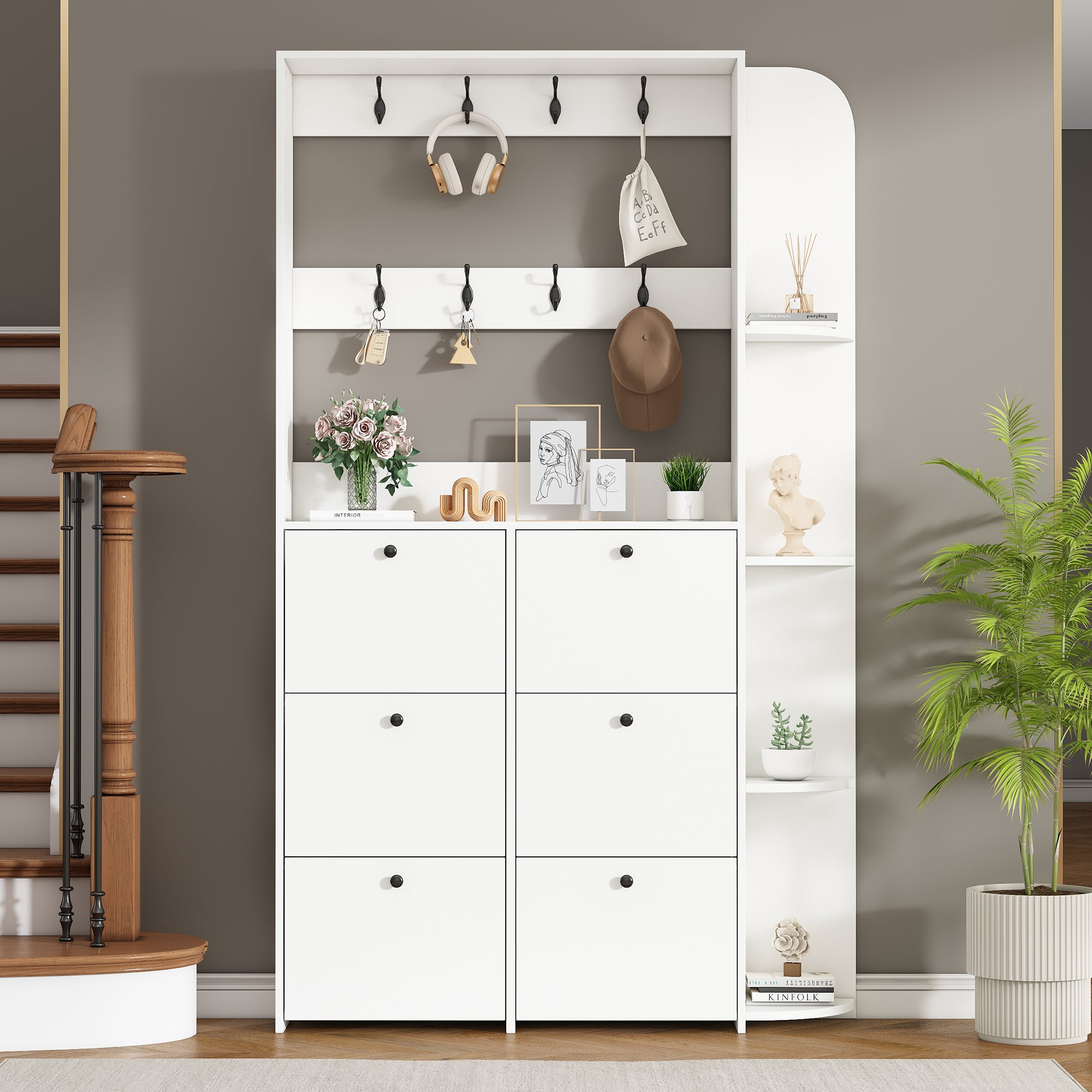 120 X 24 X 200 Cm, Coat Rack For The Entrance Area, 3-in-1 Multifunctional Shoe Cabinet, Hinged Door, 8 Hooks, Compact Coat Rack, Living Room Cabinet With 5 Shelves, White