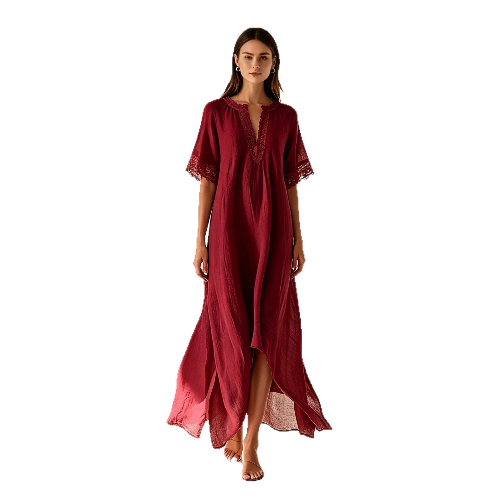 V-neck Short-sleeve Slit Bohemian Resort Dress