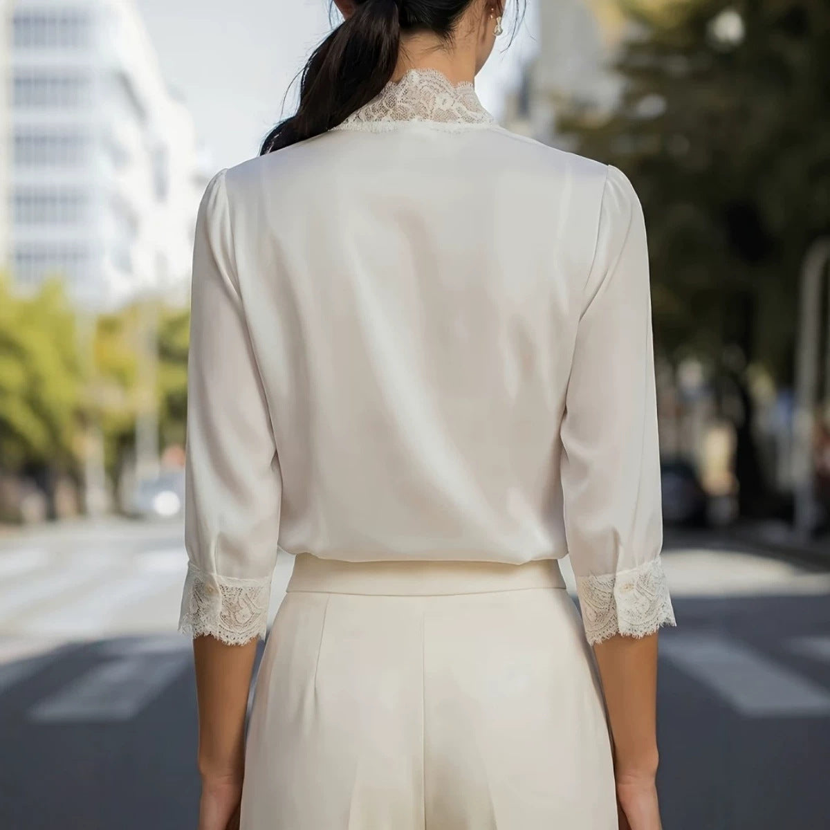 Lace-Panel Three-Quarter-Sleeve Gentle And Elegant Blouse For Women