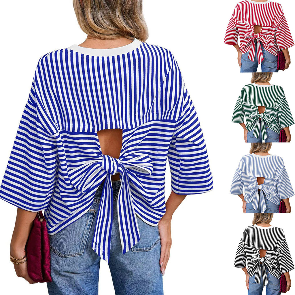 Round-neck Striped Casual Loose-fitting Top With A Back Cutout And Bow Tie Straps