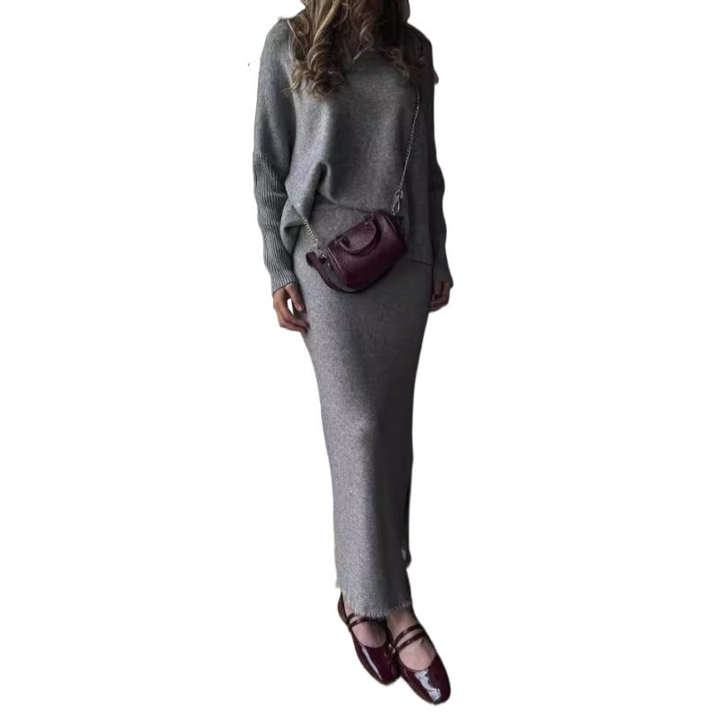Temperament Pure Color Long Sleeve Long Pullover Two-piece Overskirt Suit