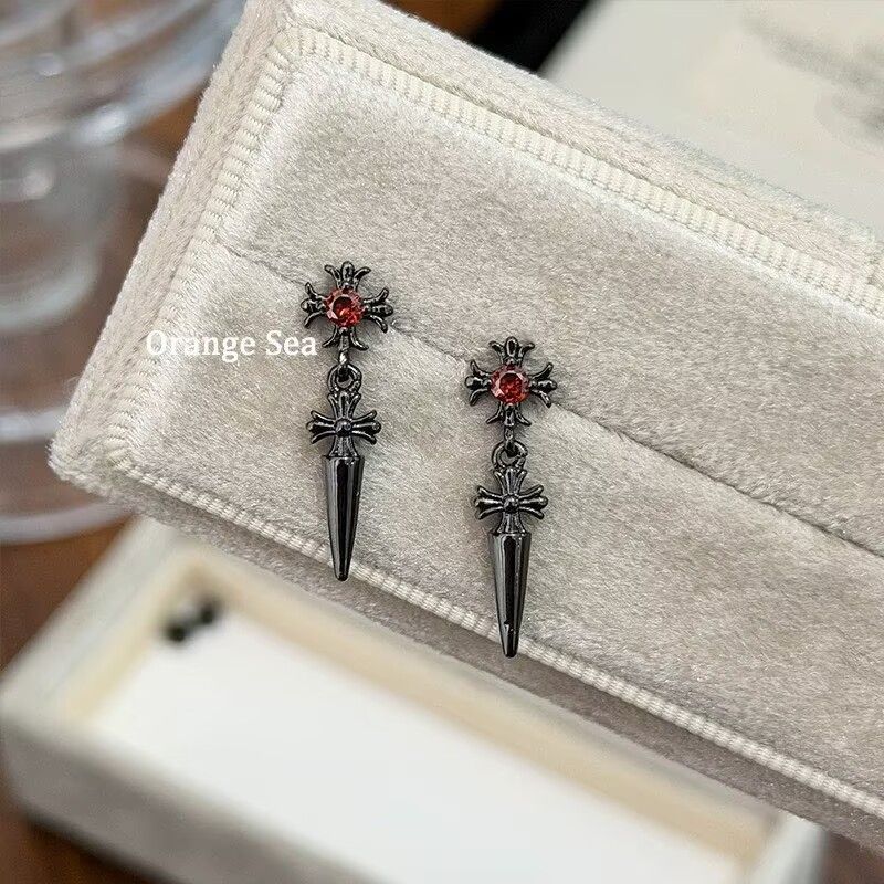 Dark Sweet Cool Cross Spike Cartilage Studs, Titanium Steel Unique Black & Red Earrings For Hot Girls Punk Ear Jewelry
