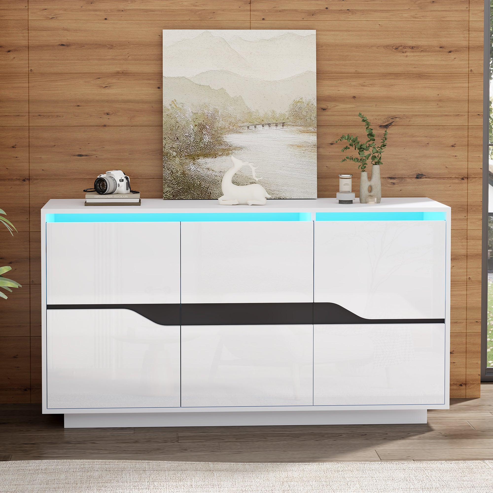 140X40X70cm Living Room Credenza,Sideboards With 3 Doors,Versatile Chest Of Drawers With Adjustable Dividers,Wide Handleless Lockers,High Gloss Sofa Side Cabinet With LED,White-Black
