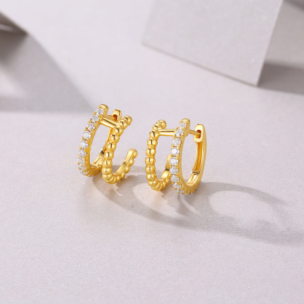 S925 Sterling Silver Double Hoop Earrings, D-VVS1 Moissanite Beaded Huggies, Platinum Plated 2.8g Women's Jewelry Gift Box
