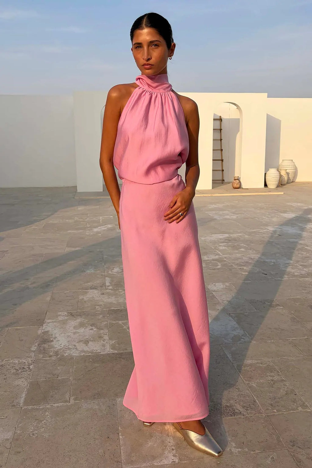 SpringSummer Halterneck Sleeveless Top With Flowing Straps And High-Waisted Fishtail Midi Skirt Set