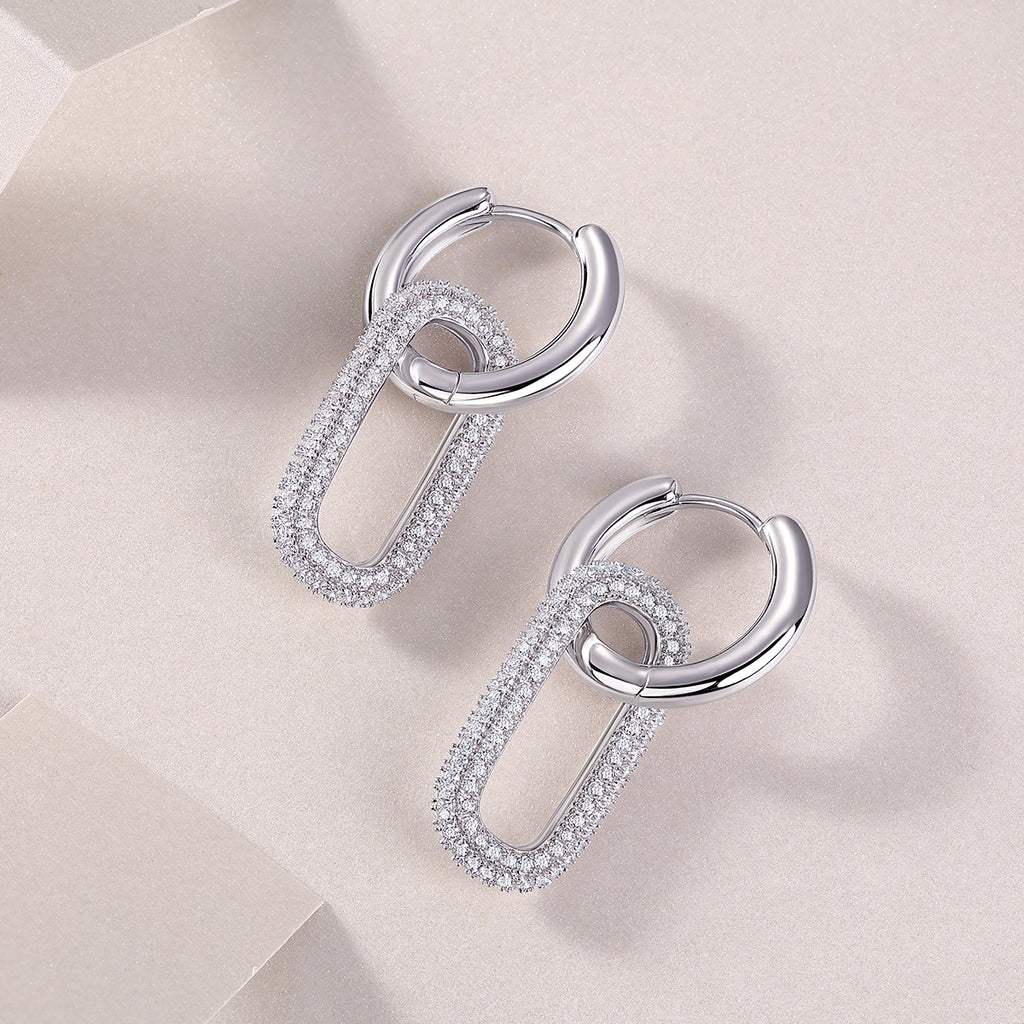 S925 Sterling Silver Geometric Link Drop Earrings, D-VVS1 Moissanite Pave, Platinum Plated 9.4g Women's Jewelry Gift Box