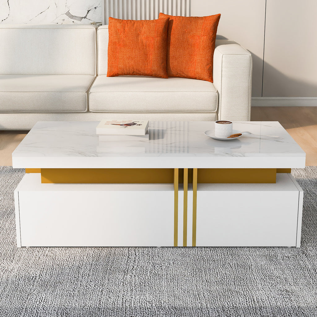 N625P173142W Changed Materials Modern Rectangular Coffee Table With High-gloss Top, 2 Wooden Drawers, Marbled Tabletop, For Living Room,