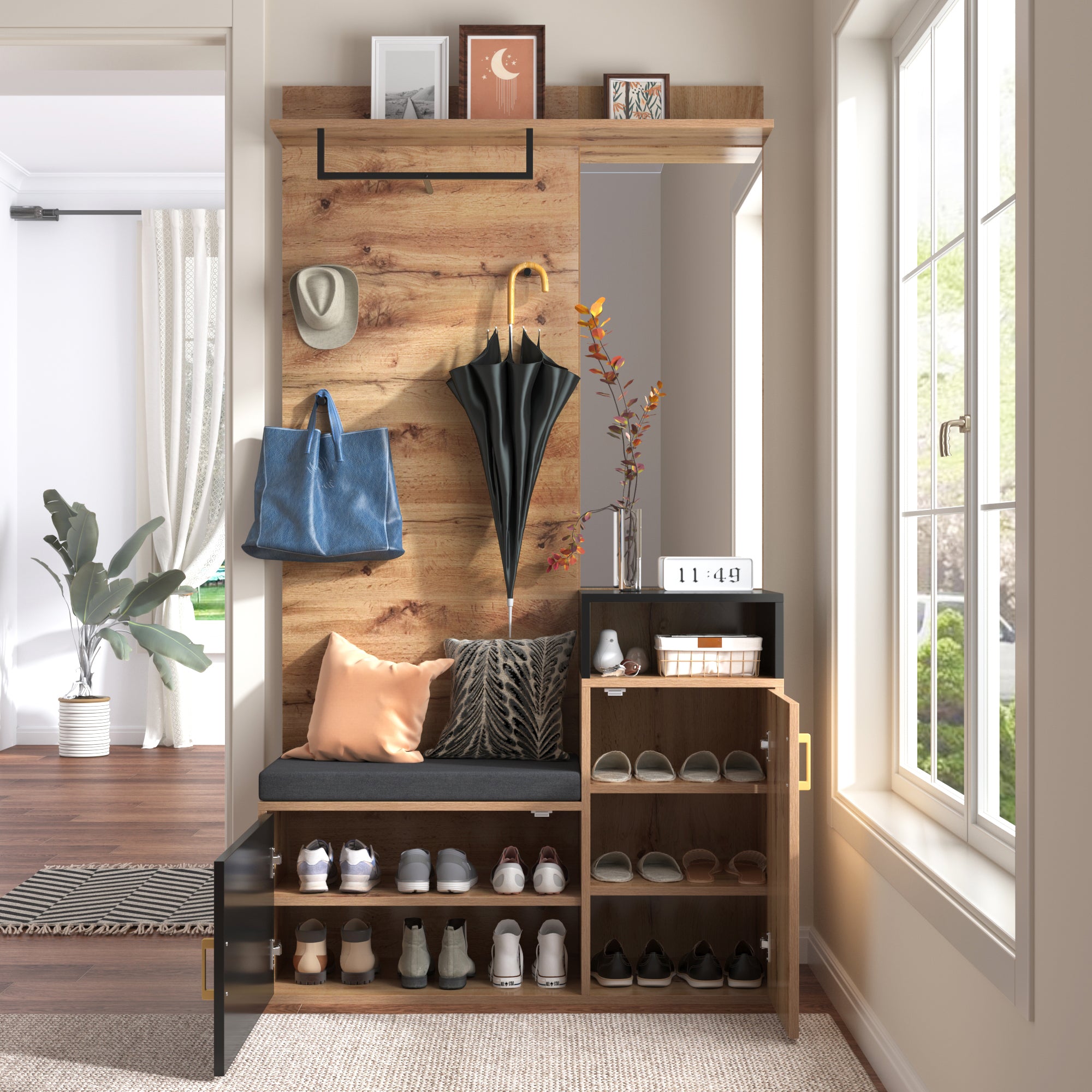Wardrobe Set With 4 Coat Hooks, Mirror, Shoe Cabinet, Wall-mounted Coat Rack, Top Shelf, Hallway Bench. Not A One-piece Product Requires Drilling And Punching Holes In The Wall.