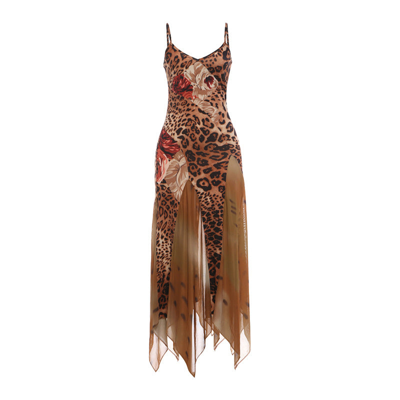 Mesh-panel Digital-print Camisole Dress