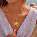 Celestial Sun Face Pendant Necklace For Women, 18K Gold Plated Stainless Steel Snake Chain Choker, Vintage Sunburst Boho Jewelry Gift
