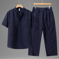 Tencel Linen Shirt Mens Short-sleeve Shirt And Linen Trousers Set