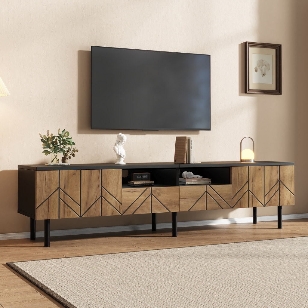 TV Cabinet 180x40x45 Cm With Drawers & Doors, Modern Lowboard Made Of Chipboard, TV Stand For Living Room, Load Capacity Up To 75kg, Black-wood Look