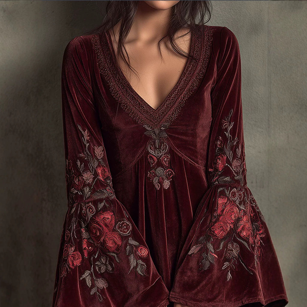 Bell-sleeved Burgundy Velvet Embroidered Mini Dress