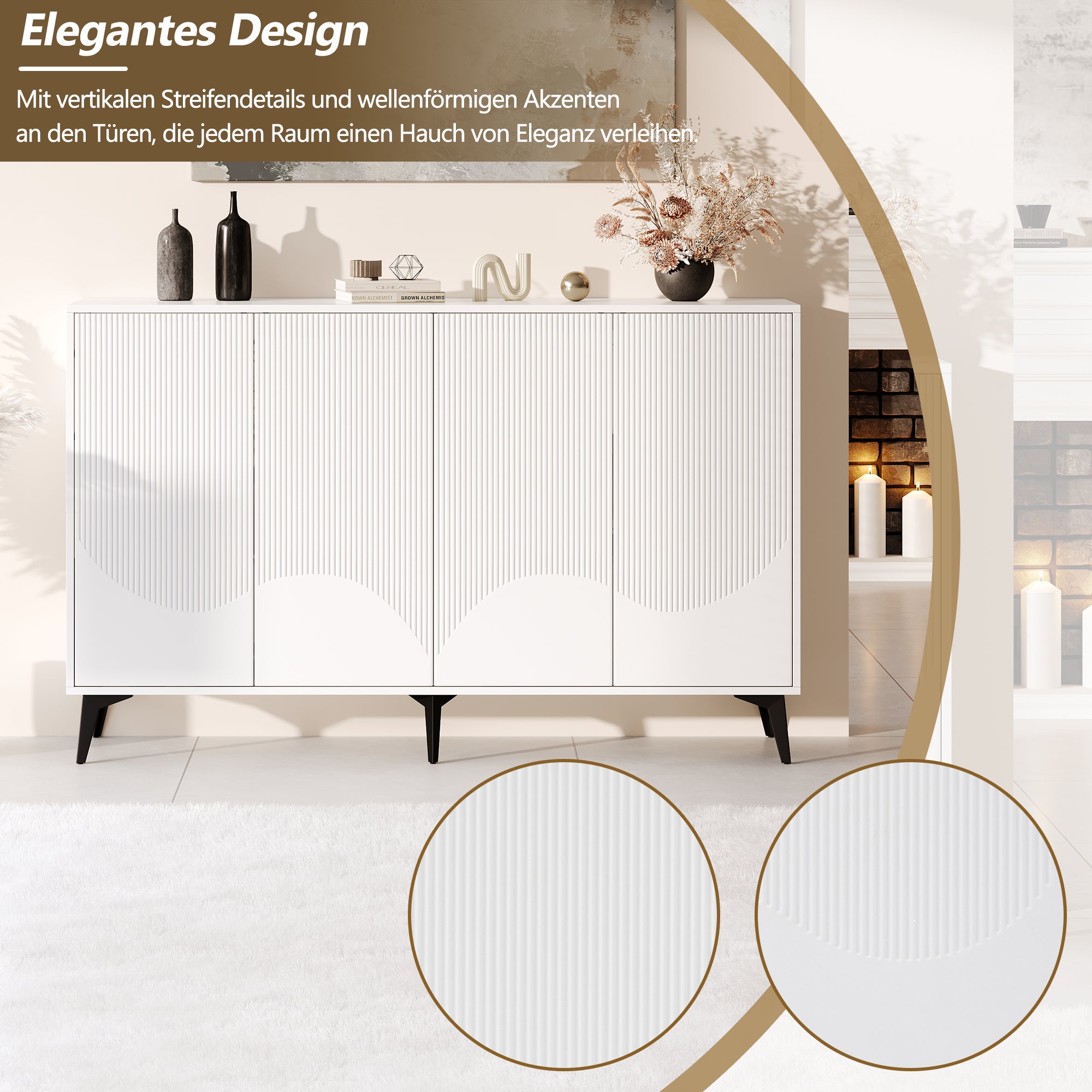 White Sideboard Width 160 Cm, Multifunctional Sideboard, Chest Of Drawers, Highboard With Adjustable Shelves, 4 Doors, Metal Legs