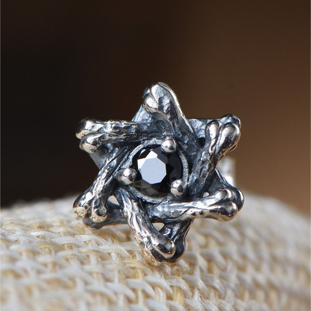 High-End Men's Hexagram Zircon Vintage Black Stud Earrings, American Retro Style Elegant Single Ear Jewelry For Guys