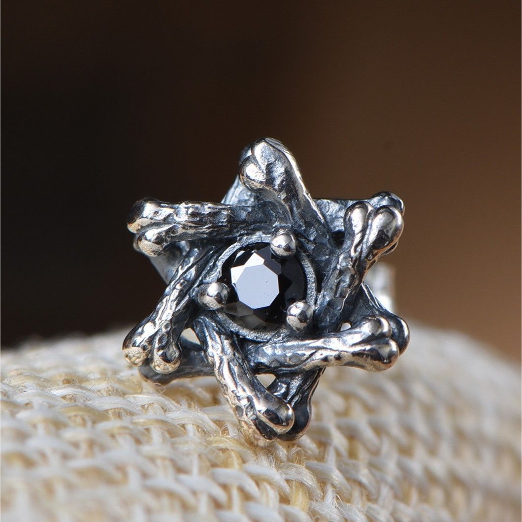 High-End Men's Hexagram Zircon Vintage Black Stud Earrings, American Retro Style Elegant Single Ear Jewelry For Guys