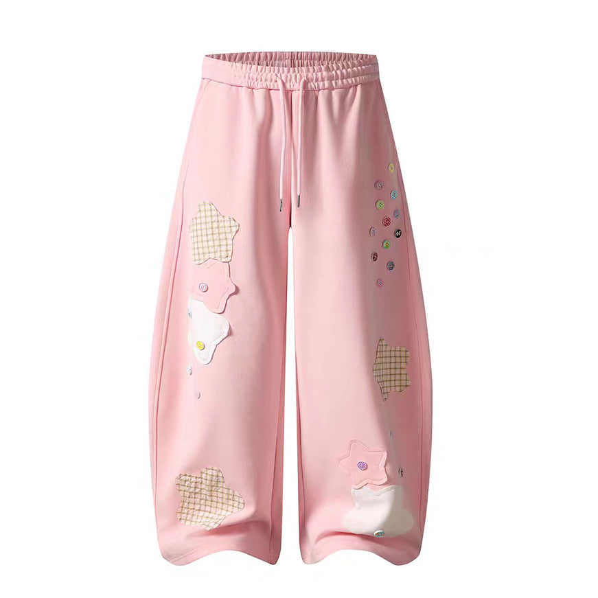 Womens American-Style Retro Quirky Patchwork Plaid Straight-Leg Sweatpants
