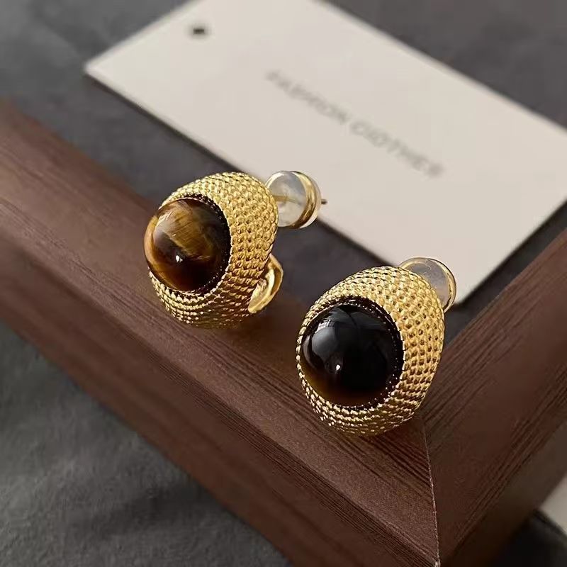 2026 New Hot-selling Tiger Eye Stone Stud Earrings, Maillard Style Light Luxury High-End European American Vintage Fashion Dangle Jewelry For Women