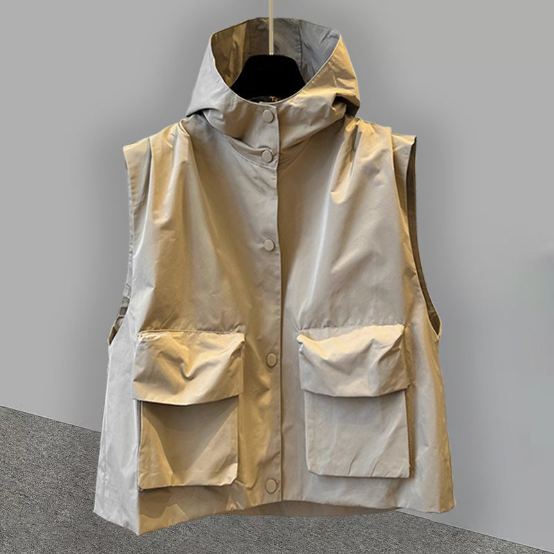 Solid-color Cardigan Hooded Outerwear Vest Jacket