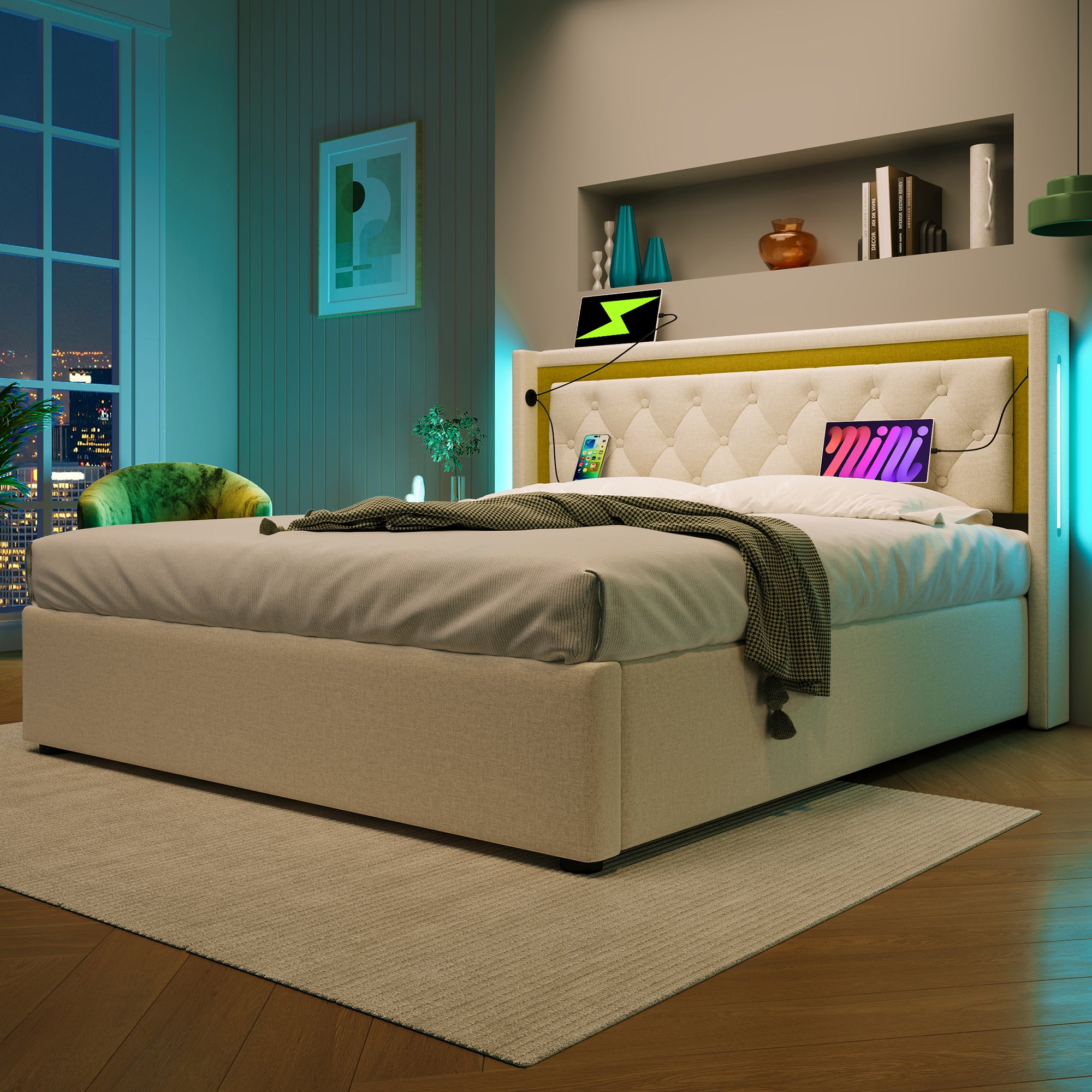 Upholstered Bed LED Double Bed Storage Bed Box With USB Type C Charging Function Headboard,Storage Beds Cotton Bed Frame Youth Bed 160x200 With Slatted Base  Without Mattress
