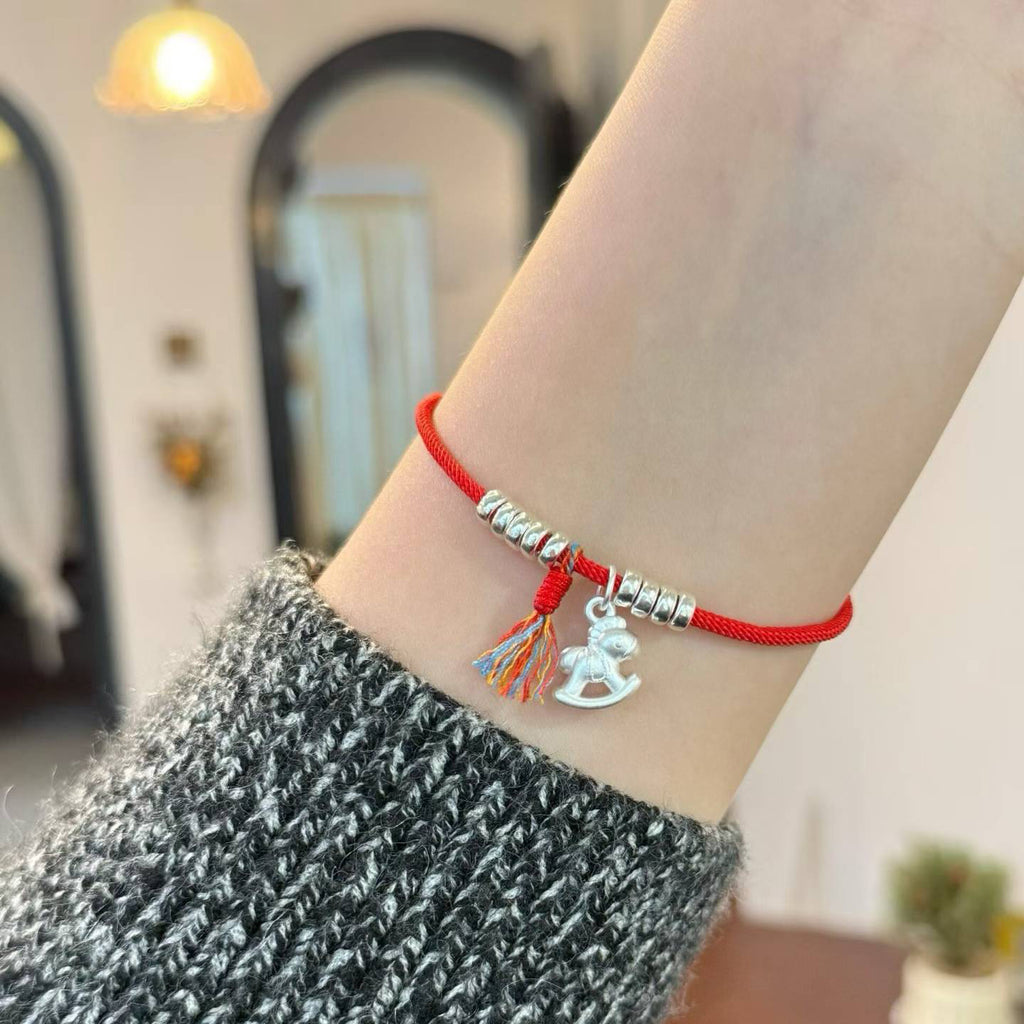 1pcs 999 Sterling Silver Bead Trojan Horse Tassel Red String Braided Bracelet, Festive Chinese Style, For Daily New Year Wear & Lucky Birthday Holiday Gifts