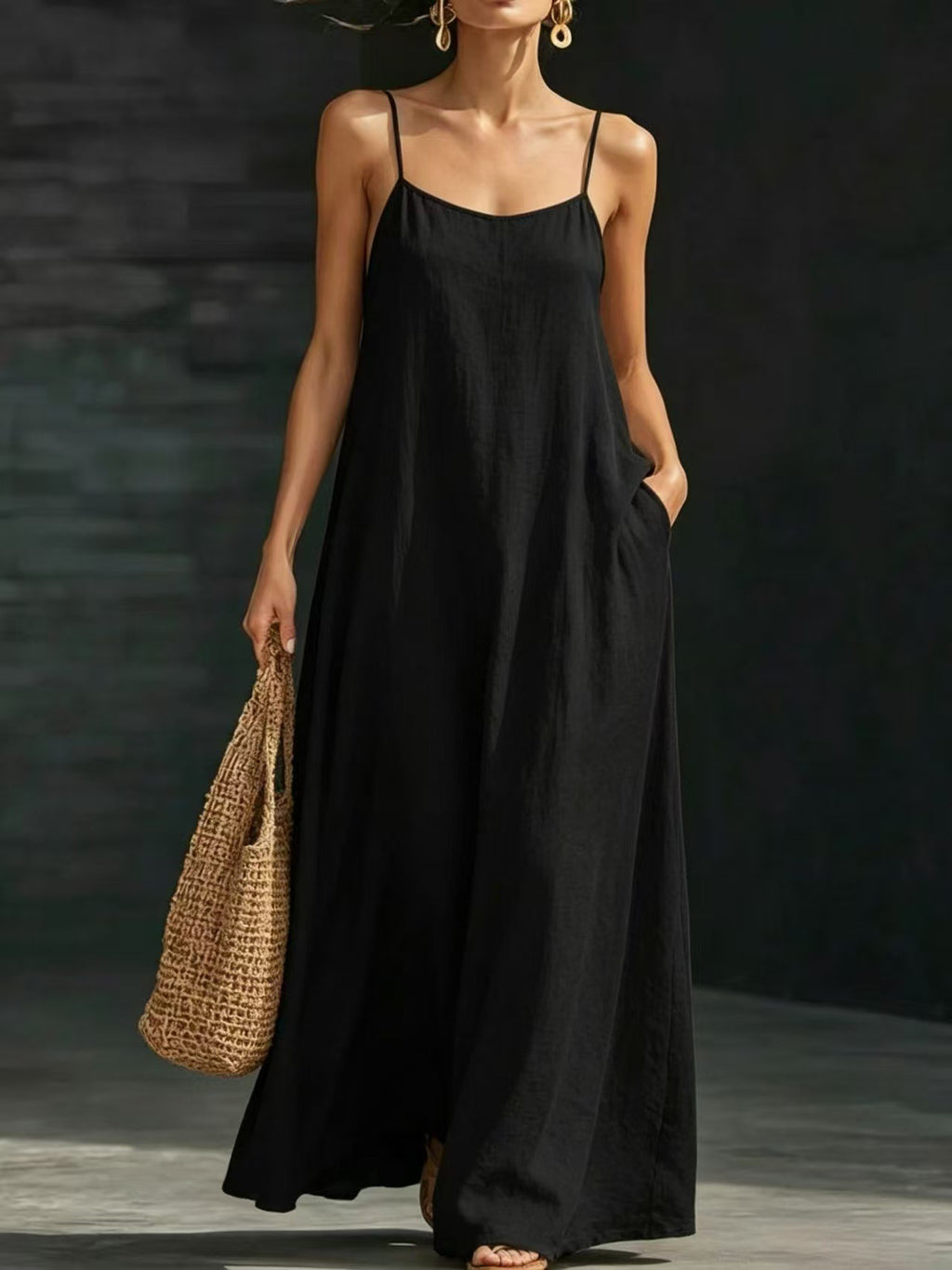 Summer Beach Spaghetti Strap Maxi Dress, Loose Flowy Casual Long Dress For Vacation & Holiday Dresses For Women