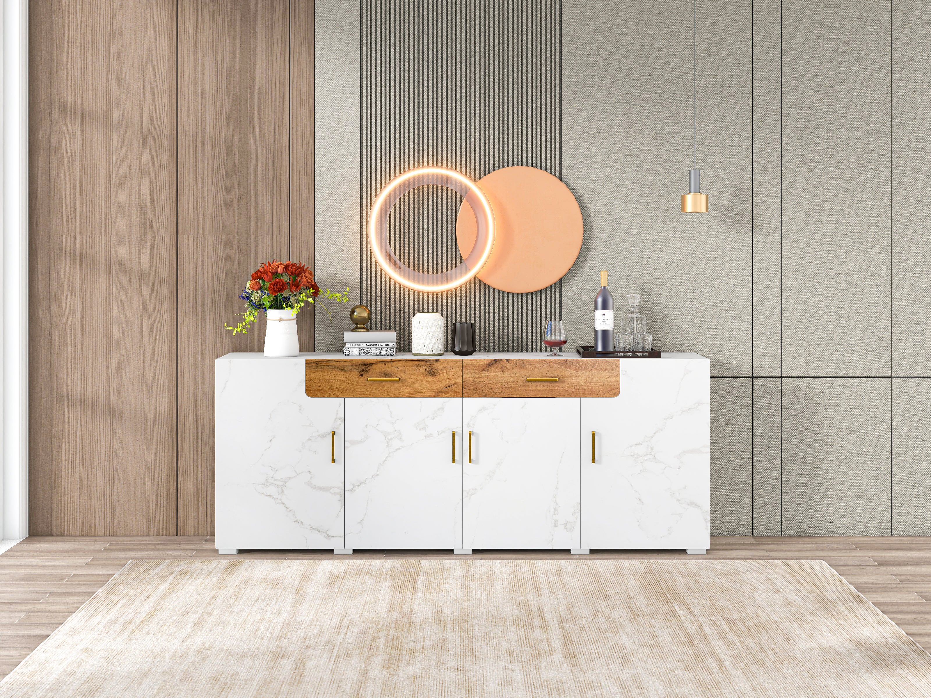 Sideboard, Kitchen Cabinet, Storage Cabinet, 208 X 39.5 X 80 Cm, Unit With 4 Doors And 2 Drawers, Sideboard Buffet