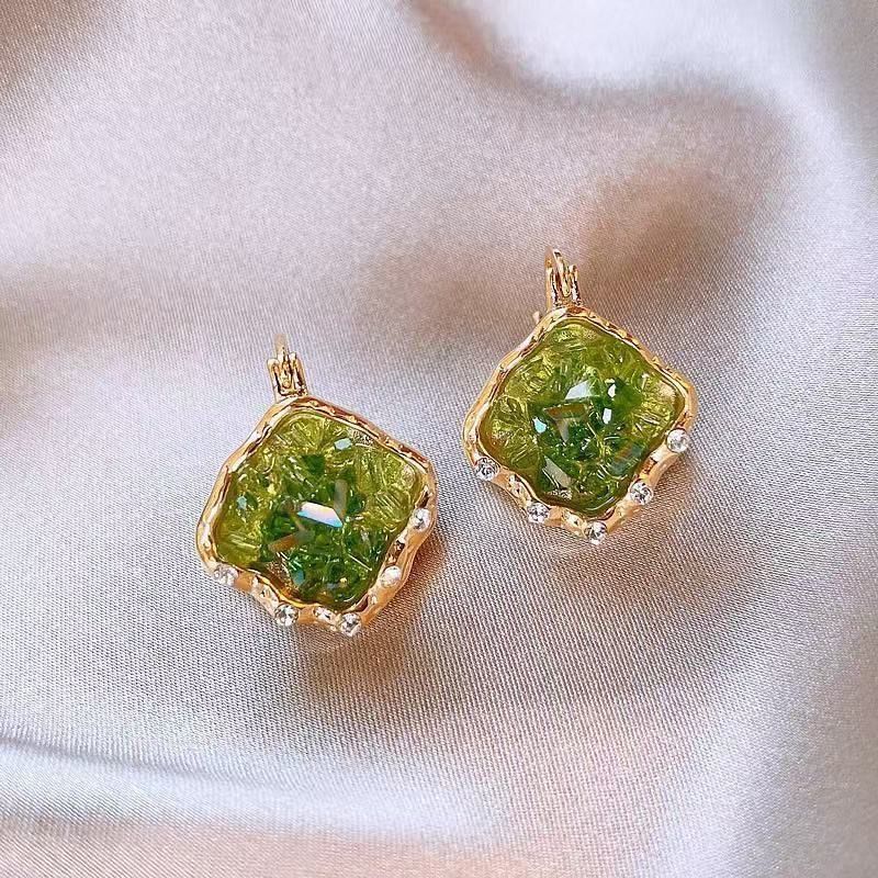 2026 New Bestselling Green Crystal Huggie Earrings For Women, Light Luxury High-End Niche Unique Elegant Stud Ear Jewelry