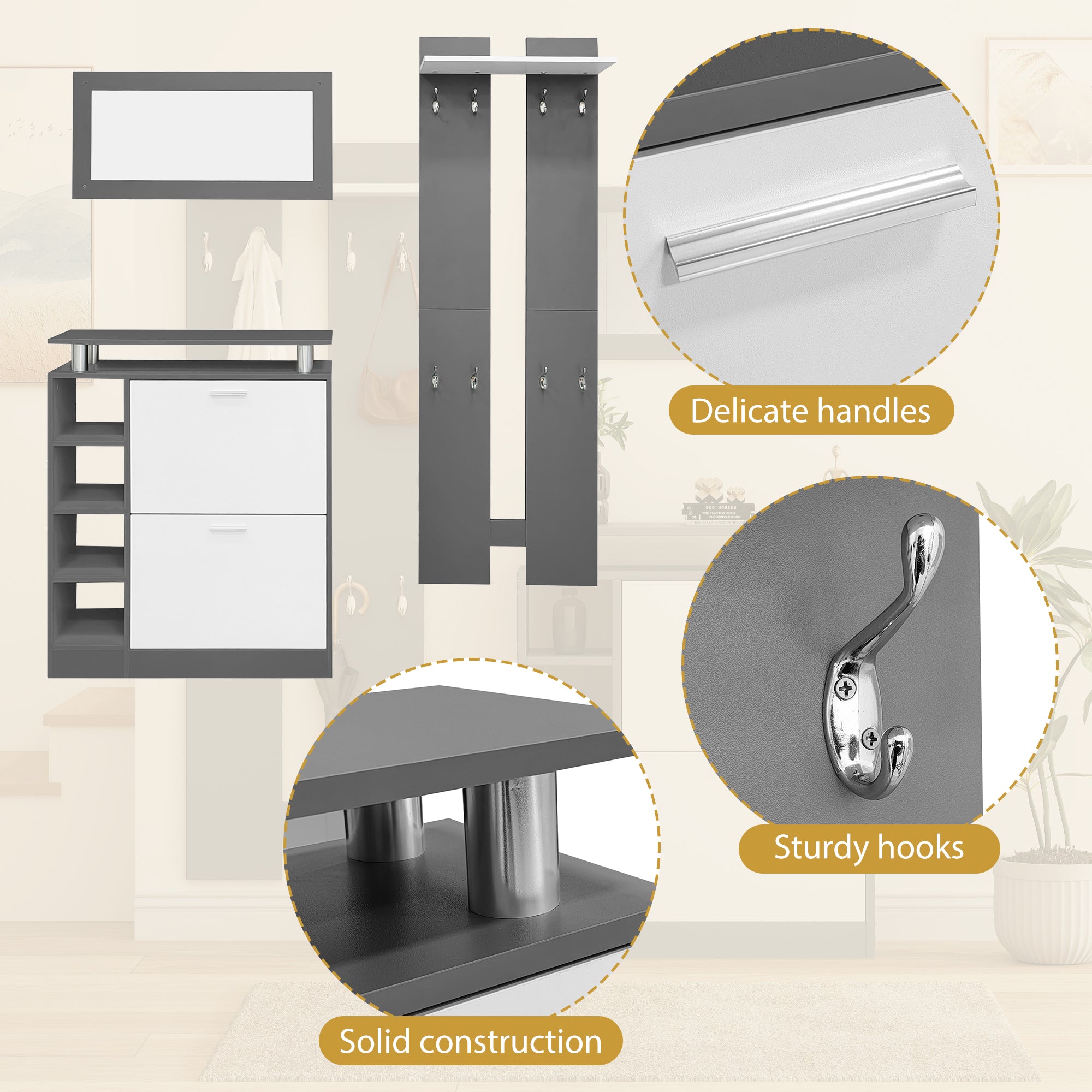 Wandgarderoben-Set 80 X25 X96.5 Cm, Inkl. Spiegel, 2 Wandpaneelen, Einer Regalwand Und Einem Schuhschrank, Korpus Anthrazitgrau Matt, Flurmobel, Flurtrockenstander, Flurgarderobe, Schuhwechsler-Set,