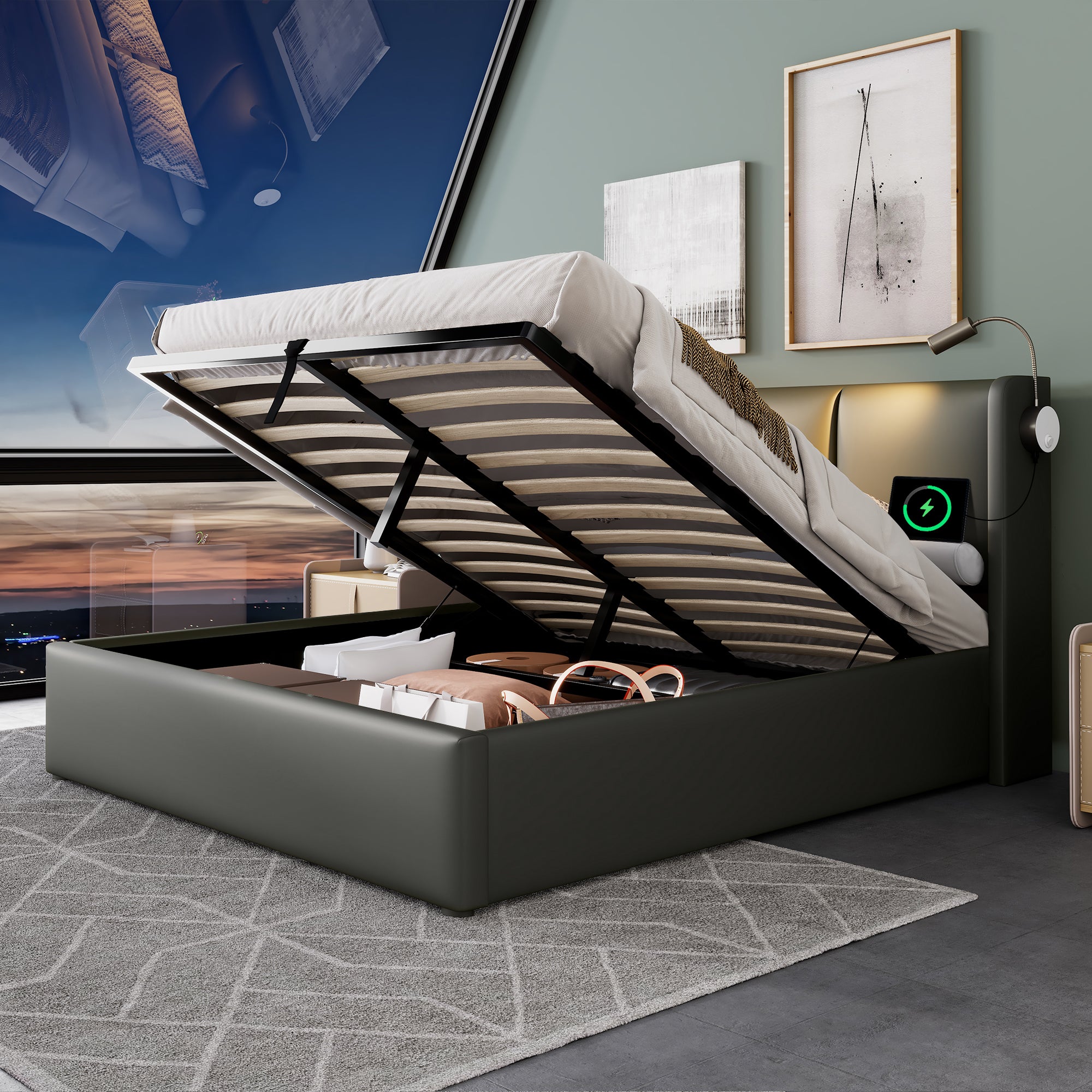 Upholstered Bed, Double Bed, Storage Box, Reading Light With Charging Function, Headboard, Storage Beds, Bed Frame, PU Youth Bed 160x200 With Slatted Base  Without Mattress