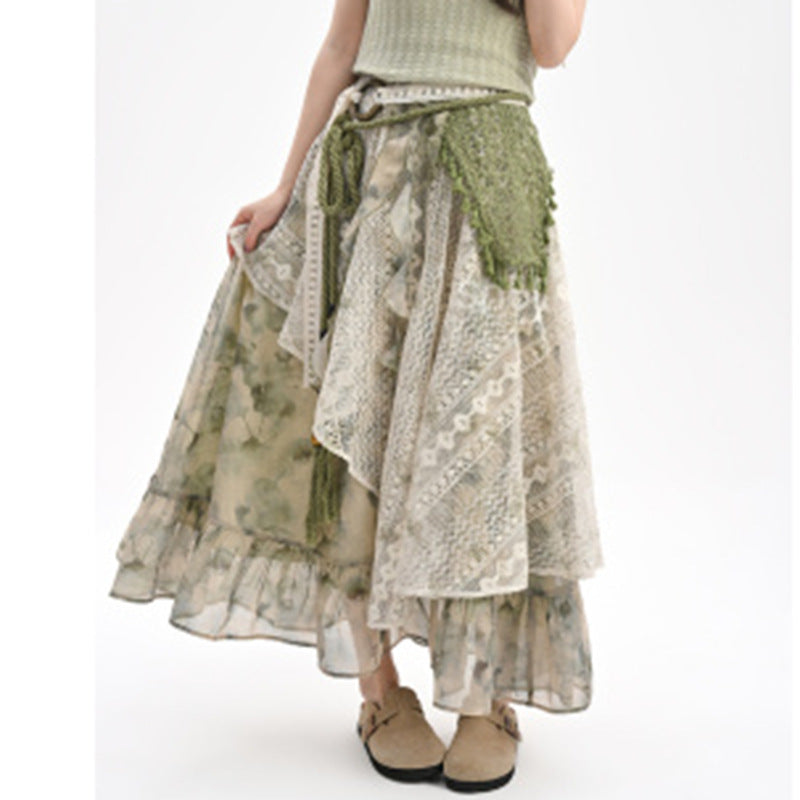 Summer New Irregular Sweet Tie-Dye Print Lace-Patchwork Skirt