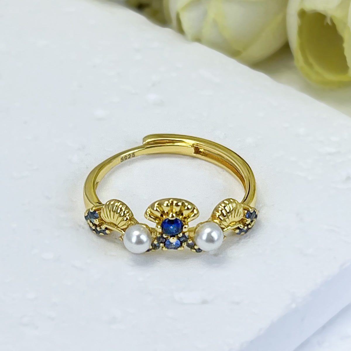Diamond-encrusted Mother-of-pearl Shell Ring