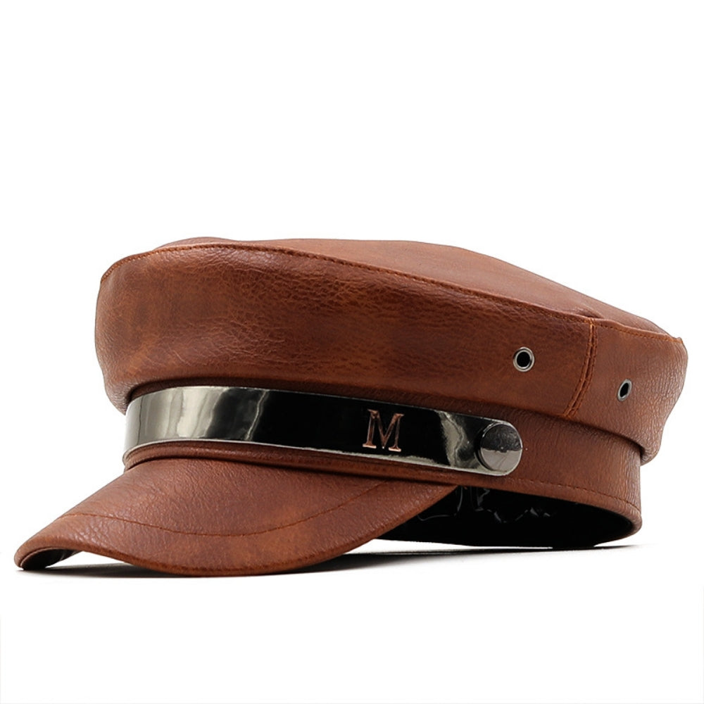 Women's PU Leather Metal M Label Retro Style British Fashion Cool And Bold Peaked Cap Suitable For Outdoor Outings And Simple Outfit