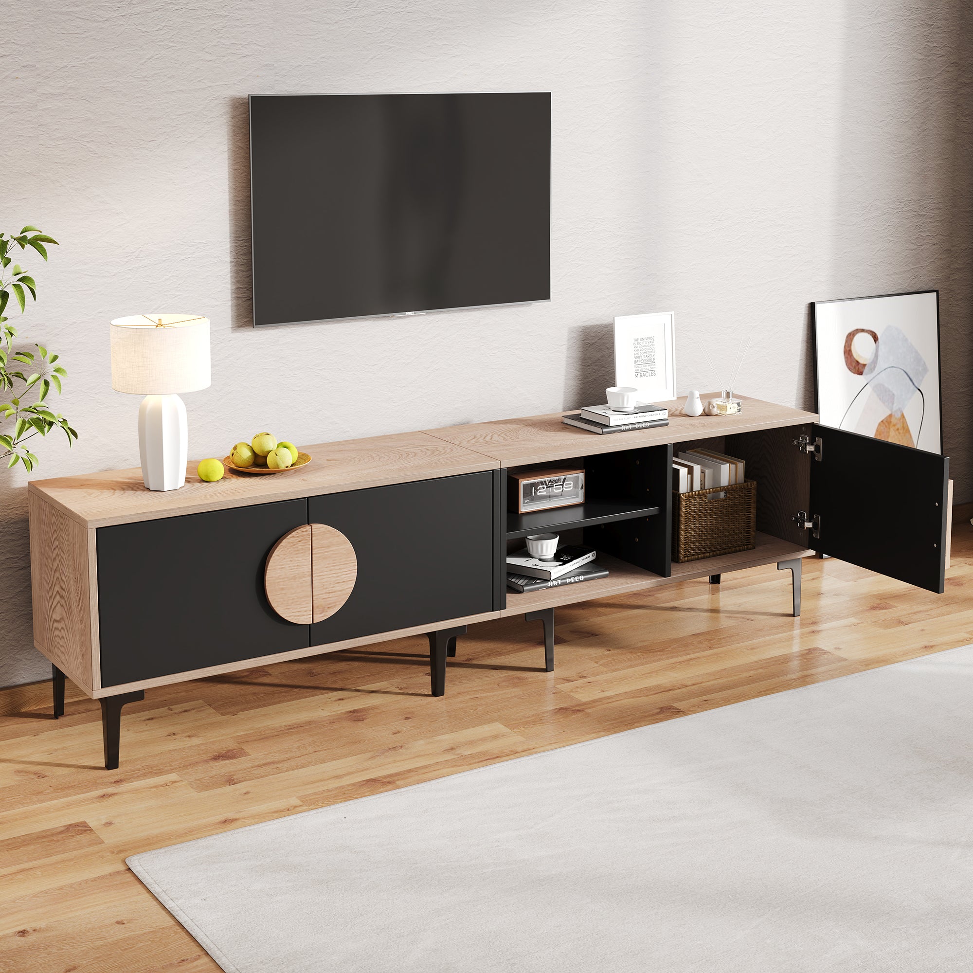 Lowboard TV Cabinet, TV Stand For The Living Room, TV Cabinet With 2 Cabinets, TV Board With Open Shelves, Wood Color  Black, Suitable For 80-inch TVs