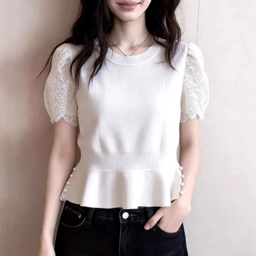 Fashionable And Elegant Patchwork Lace Short-sleeve Knit Top