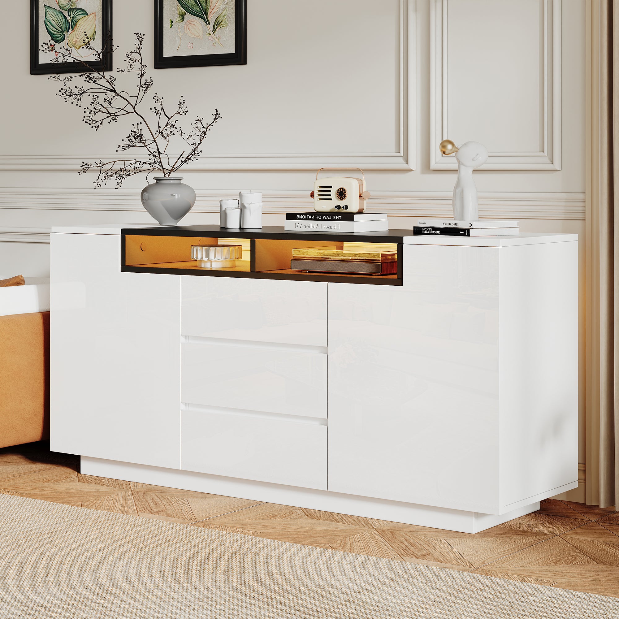 140X40X68cm Living Room Sideboard With 2 L-Shaped Doors,Living Room Cabinet With Adjustable Dividers And LED Lights,High Gloss Cabinet With 3 Drawers,Chest Of Drawers,White-Black